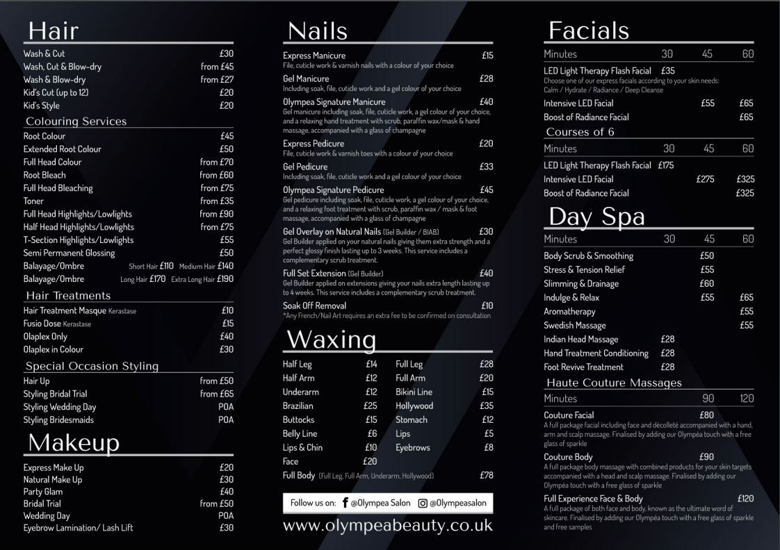 Price List for Olympea Beauty London
